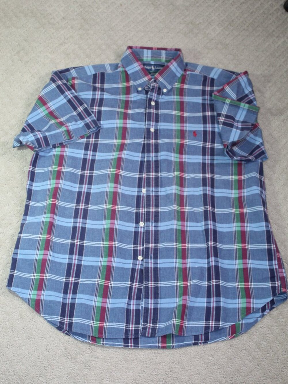 Vintage Ralph Lauren Size L Blake 100% Cotton Blue Maroon Short Sleeve Button Up